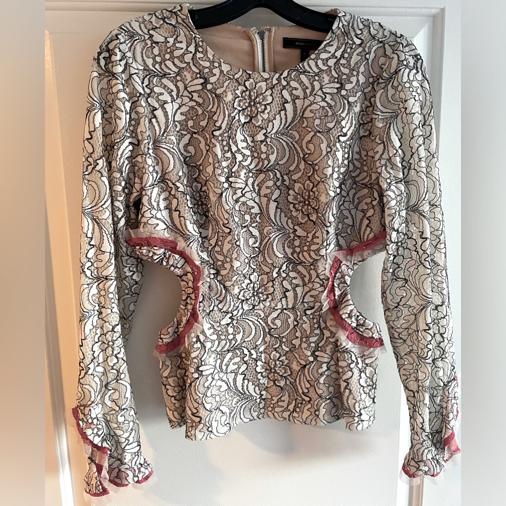 BCBG Maxazria lace blouse, side cut outs size S